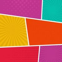 Colorful comic book page background in pop art style. Empty template with rays and dots pattern. Vector illustration