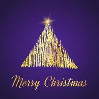 Gold glitter Christmas tree in sketch style on purple background. Happy new year card design. Vector illustration.