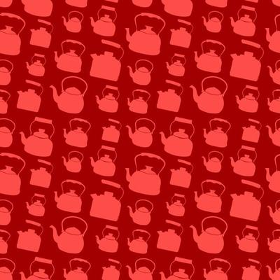 Seamless Red Pattern with Kettle. Vector background with different teapots. Endless kitchen texture.