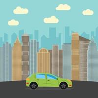 Green car in the city. Automobile on a background of skyscrapers on a sunny day. Vector illustration.