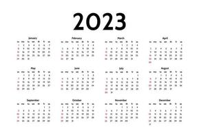 Calendar for 2023 isolated on a white background. Sunday to Monday, business template. Vector illustration