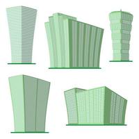 Set of five modern high-rise building on a white background. View of the building from the bottom. Isometric vector illustration.