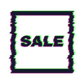 Distorted glitch sale banner with error effect on the edges and in text. Vector illustration.