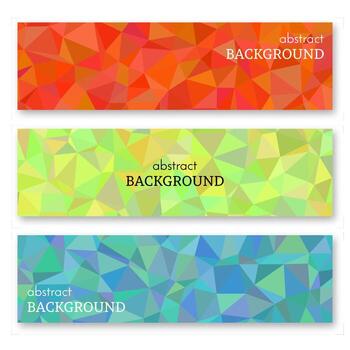 Set of three multi colored banners in low poly art style. Background with place for your text. Vector illustration