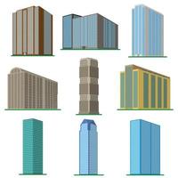 Set of nine modern high-rise building on a white background. View of the building from the bottom. Isometric vector illustration.