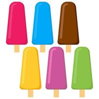 Set of vector illustration of ice cream. Multicolored creamy ice cream on a wooden stick