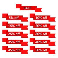 Set of red sale ribbons with different discount values. Sale label template. Vector illustration