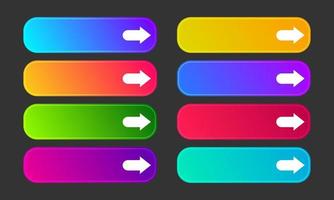 Colorful gradient buttons with arrows. Set of eight modern abstract web buttons. Vector illustration