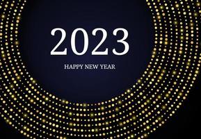 2023 feliz año nuevo de brillo dorado en forma de círculo. fondo punteado de semitono brillante de oro abstracto para la tarjeta de felicitación navideña sobre fondo oscuro. ilustración vectorial vector