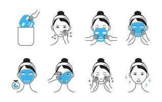 Facial mask sheet applying vector. Girl shows steps how to cleaning, whiting face and use cosmetic mask. Info-graphic in outline style illustration vector