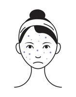 Rash face icon vector. Upset girl with pimple, spot on problem skin. Info-graphic of acne in outline style illustration isolated vector