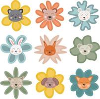 Doodle nursery animals collection. Cute animals in shape of flowers. Hand drawn Scandinavian style for Baby shower, children's party, baby room, children's invitations, posters. vector