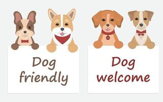 Dog label or sticker with pet friendly text. Vet clinic, shop label, sticker, template. Pets allowed public places. Cute corgi, jack russell terrier, french bulldog hold a sign dog friendly. vector