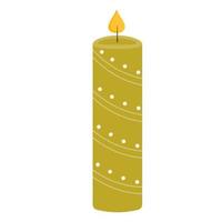 Christmas candle with winter decoration. Burning fire in candle. Holiday decor, home comfort. Hyuge style. For card, sticker, invitation. vector