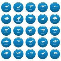 tipos de dinosaurios firmados nombre vector iconos conjunto azul, estilo simple