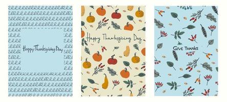 Happy Thanksgiving cards set design. Hand-lettered greeting phrase, decoration with pumpkins, leaves, berries, oak acorns on light-blue background vector