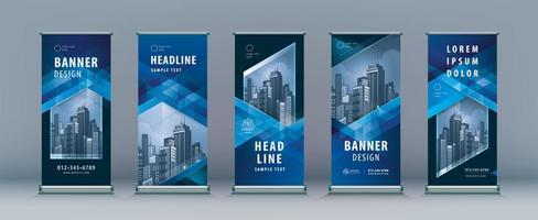 Abstract Business Roll Up Set. Standee Design. Banner Template, Abstract Blue Geometric Triangle Background. vector