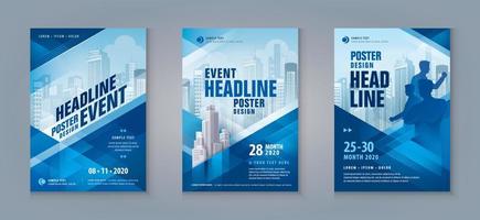 Business Flyer Poster Design Set. Layout Template, Abstract Blue Geometric Triangle