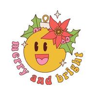 Adhesivo de sublimación de Navidad Groovy. retro 70s hippie lindo invierno festivo personaje de bola de árbol de Navidad dibujado a mano con cara sonriente con holly berry, pontsettia. elemento de imágenes prediseñadas de contorno vectorial vector