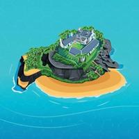 una isla aislada en medio del océano, hermosa casa en la isla vector