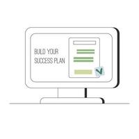 Build your success plan. A computer monitor screen with an image of a signed contract. Vector illustration in outline style