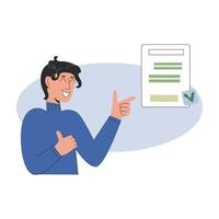 Happy man pointing with his hand to the signed contract. Concept of success and business. Vector illustration in flat style.