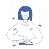 Frightened woman with big eyes and fear of spiders. Arachnophobia. Vector illustration in outline style