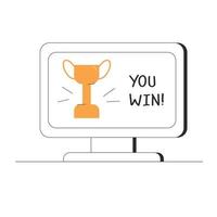 You win. A computer monitor screen with an image of a trophy cup. Concept of success. Vector illustration in outline style