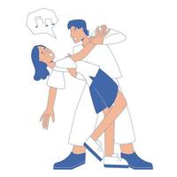 Two young people are dancing. Hugged man and woman moving to music. Happy people enjoy life. Vector illustration in outline style