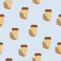 Seamless pattern with cups of coffee and croissants on a blue background. Illustration of a beverage and baking for notebooks and banners. vector