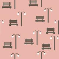 Seamless patern with brown benches and lanterns on a pink background. Illustration for notebooks covers. vector