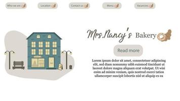 Website template for a bakery. Illustration of blue building with a bakery on the ground floor, a bench and lanterns nearby. Three storey home. Sweet food store vector