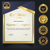 Blue and gold color certificate template design. Certificate of Achievement with a gold badge vector