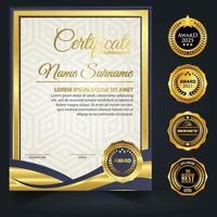 Blue and gold color certificate template design. Certificate of Achievement with a gold badge vector