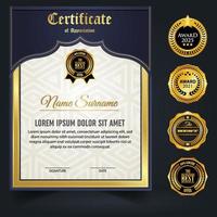 Blue and gold color certificate template design. Certificate of Achievement with a gold badge. vector