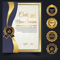 Blue and gold color certificate template design. Certificate of Achievement with a gold badge vector