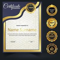 Blue and gold color certificate template design. Certificate of Achievement with a gold badge vector