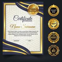 Blue and gold color certificate template design. Certificate of Achievement with a gold badge vector