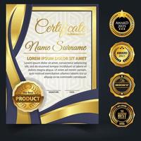 Blue and gold color certificate template design. Certificate of Achievement with a gold badge vector