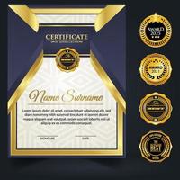 Blue and gold color certificate template design. Certificate of Achievement with a gold badge vector