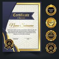 Blue and gold color certificate template design. Certificate of Achievement with a gold badge vector