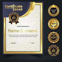 Blue and gold color certificate template design. Certificate of Achievement with a gold badge vector