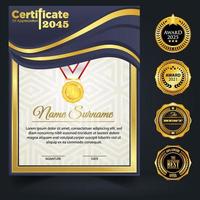 Blue and gold color certificate template design. Certificate of Achievement with a gold badge vector