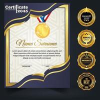 Blue and gold color certificate template design. Certificate of Achievement with a gold badge vector