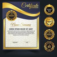 Blue and gold color certificate template design. Certificate of Achievement with a gold badge vector