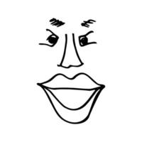 Black outline face sketch design. Eyes, nose, mouth, eyebrows Hand drawn outline. Silly face illustration. Simple cartoon doodle style face sketch vector