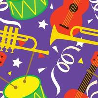 Seamless pattern with carnival elements. Ukulele, musical trumpet, drum, serpentine. Vector illustration.