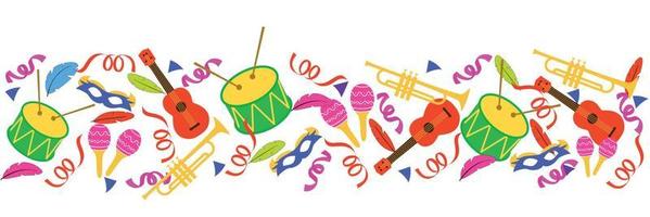 banner de carnaval con elementos de carnaval. tambor, maracas, ukelele, trompeta, máscara, serpentina vector