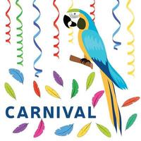 Banner with parrot for carnival with serpentine and feathers. Vector illustration.