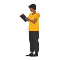 African man standing and reading a book. Vector illustration.